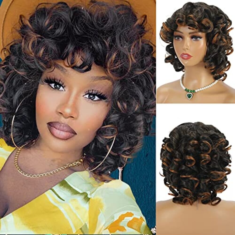 Curly Wigs for Black Women Short Black and Brown Curly Wig with Bangs Soft Big B